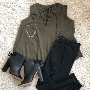 Olive Green Tank Top, with Lace Up Detail